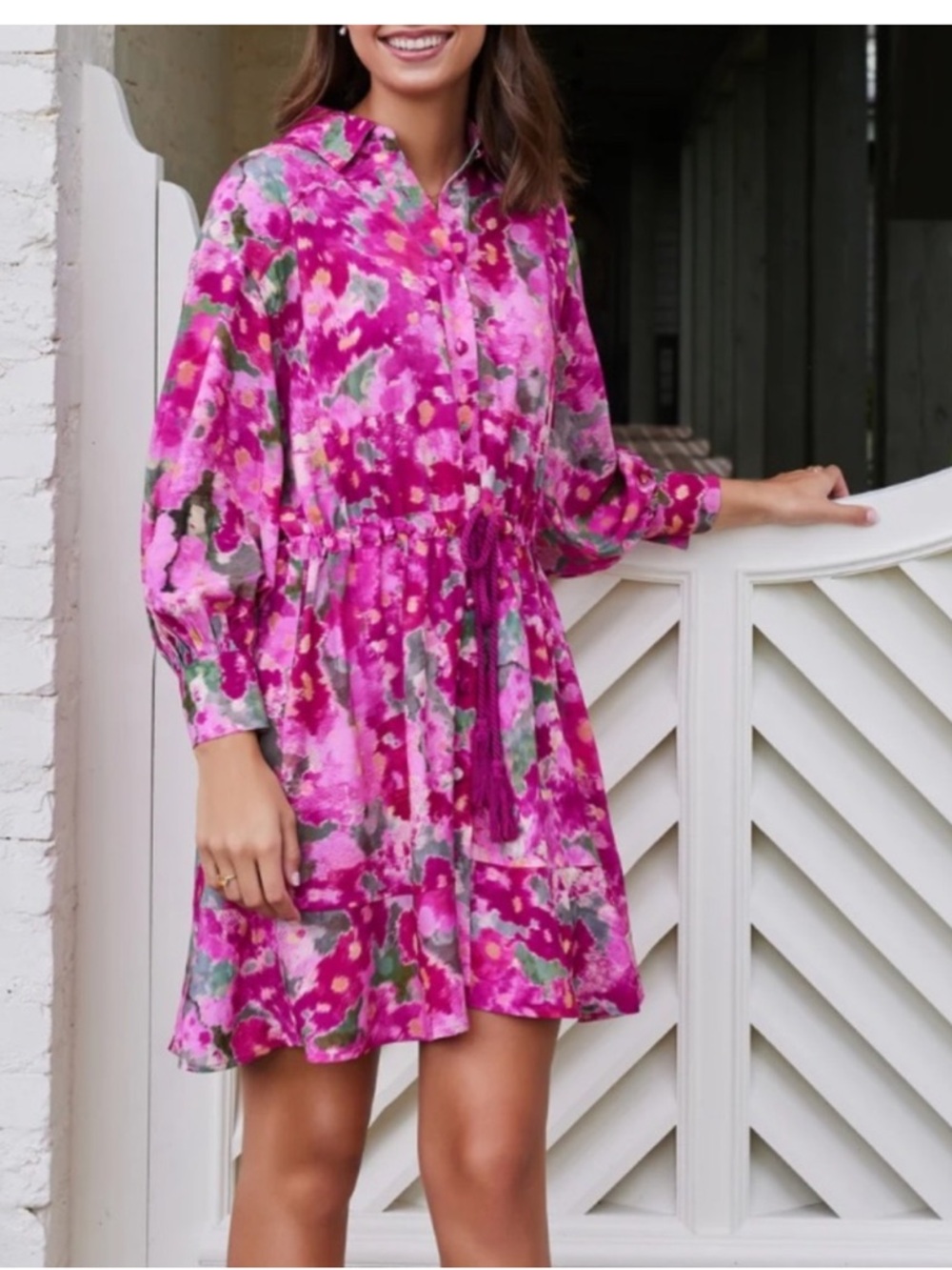 $238 Hermoza Rebecca Collared Tie Mini Dress in Pink Floral Ikat NWT